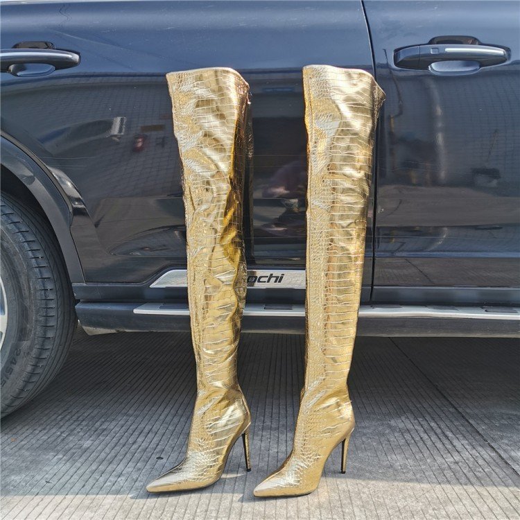 Fashion Gold Over The Knee Back Zipper High Heels - Image 5