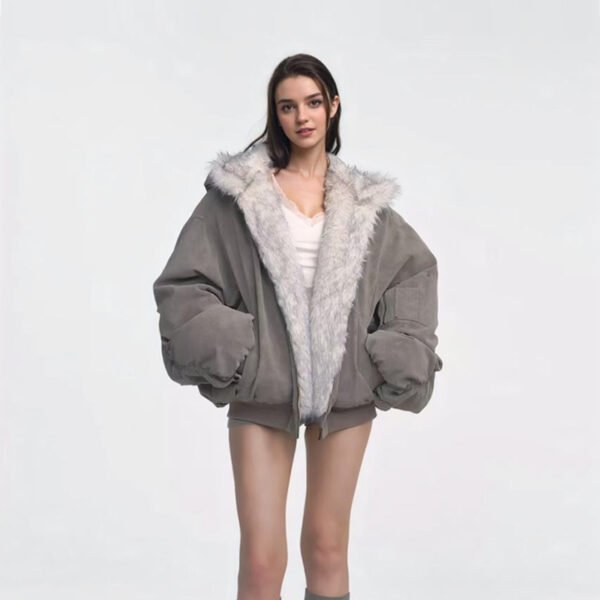 Gray Double-sided Dyed Pointed Fur Vintage Cotton-padded Jacket Coat - Image 4