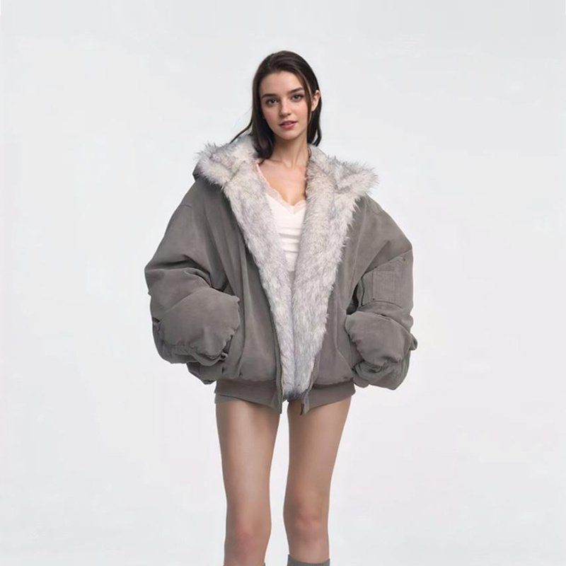 Gray Double-sided Dyed Pointed Fur Vintage Cotton-padded Jacket Coat - Image 4