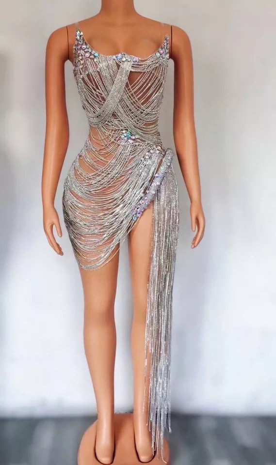 European And American Party Tube Top Rhinestone Drill Chain Tassel Dress - Image 8