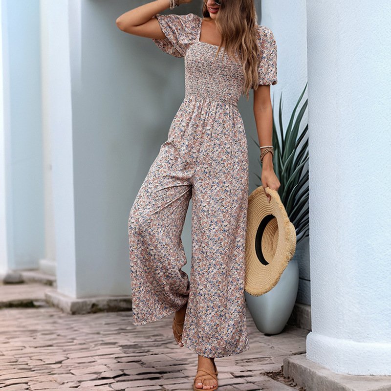 Square Collar Puff Sleeve Vacation Style Floral Jumpsuit - Image 5