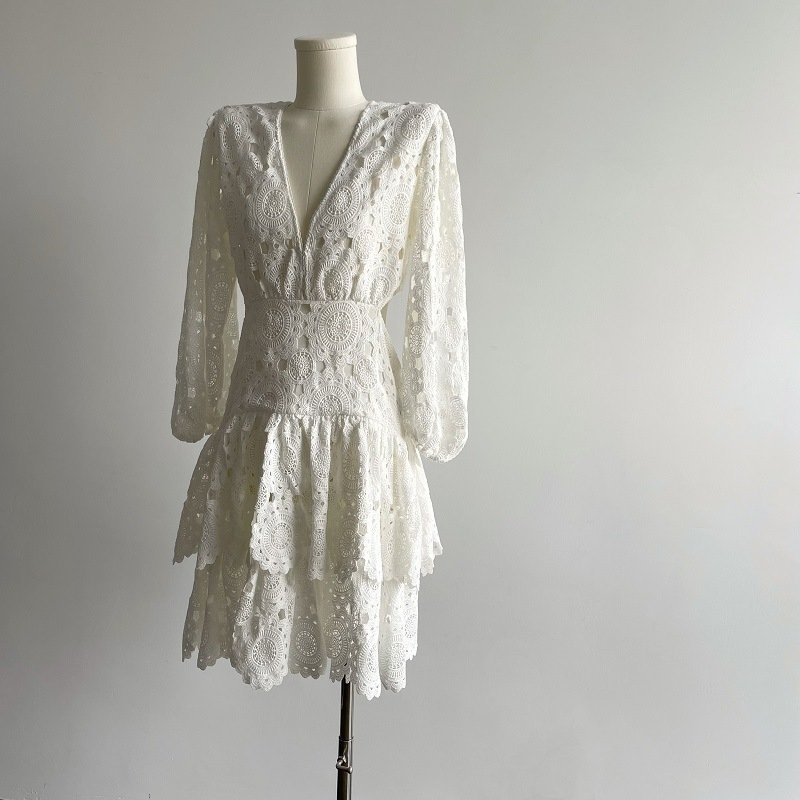 Hollow Embroidered Lace V-Neck Women's Dress - Image 6