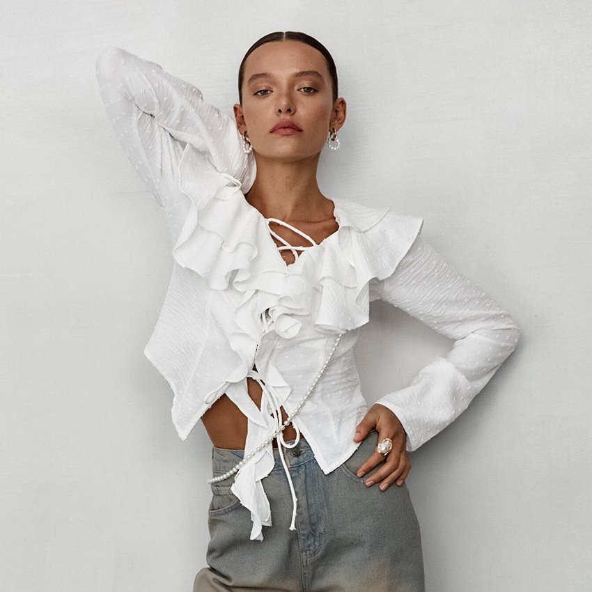 White Crepe Casual Ruffled Lace-up Long Sleeve Shirt - Image 3