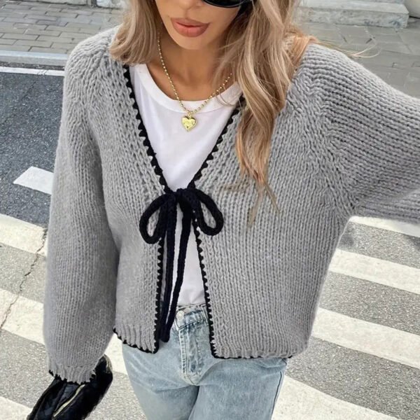 Long Sleeve Bowknot Lace-up Cardigan Coat Top - Image 3