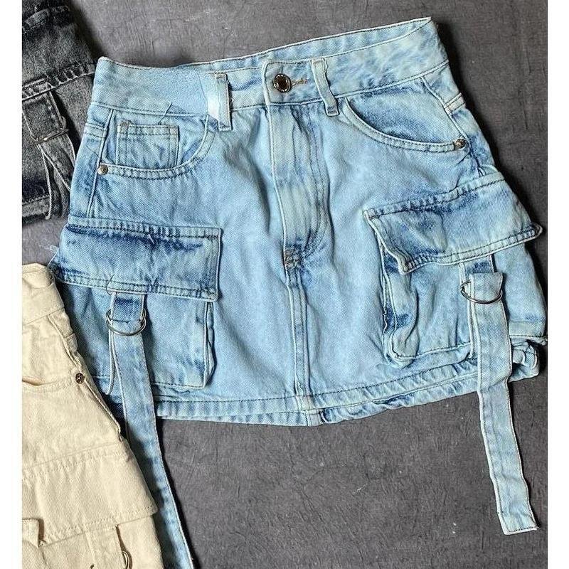 Multiple Pockets Denim Plaid Skirt Vintage Goth Black Y2k - Image 3