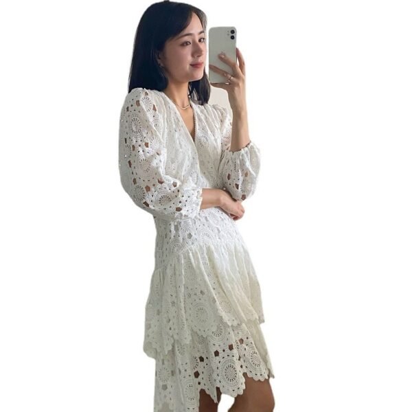 Hollow Embroidered Lace V-Neck Women's Dress - Image 2