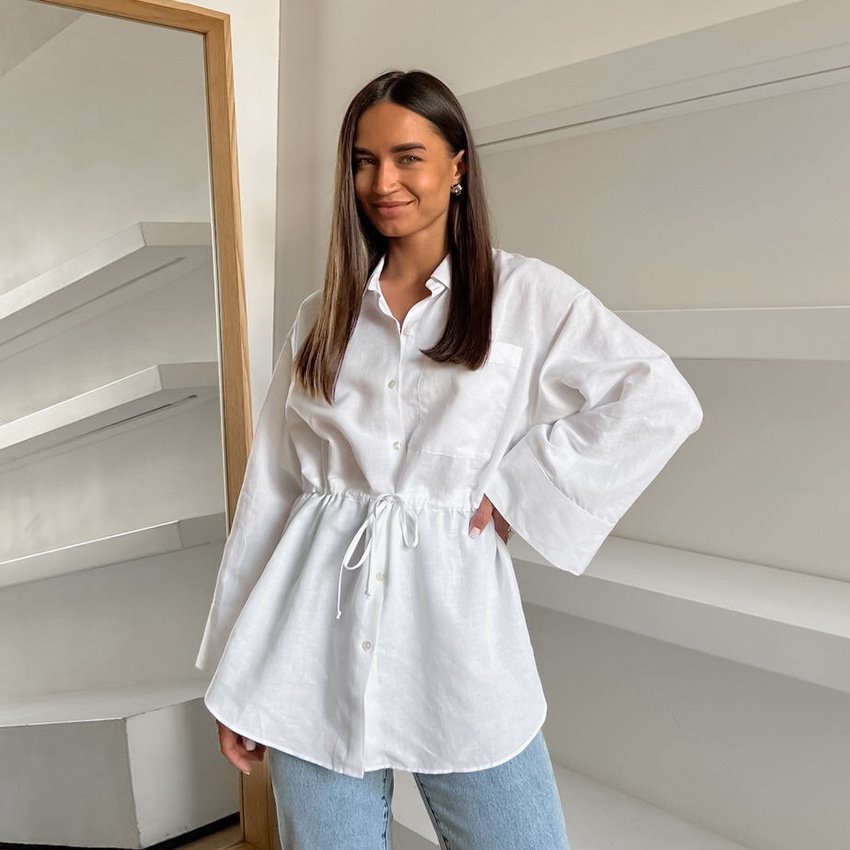Women's Simple White Cotton And Linen Loose Lapels Shirt - Image 3