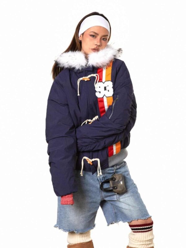 Horn Button Ribbon Short Fur Collar Cotton Coat - Image 2