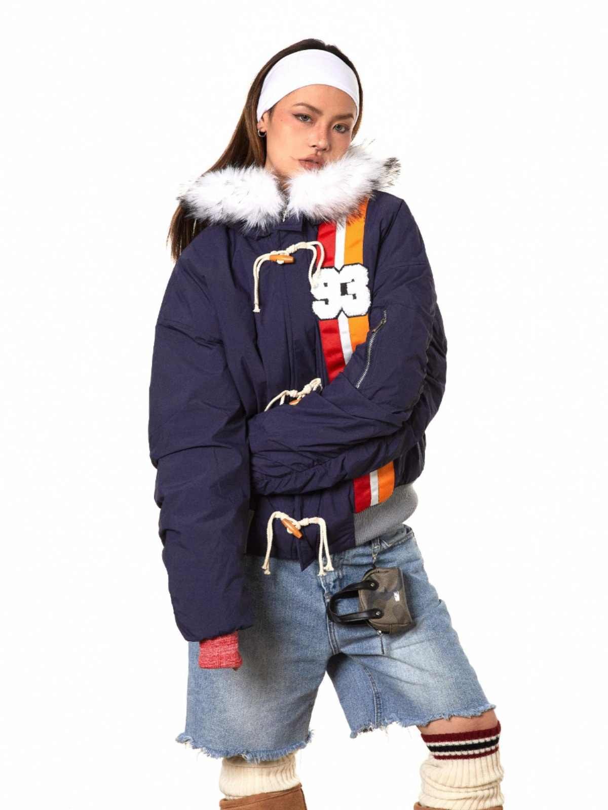 Horn Button Ribbon Short Fur Collar Cotton Coat - Image 2
