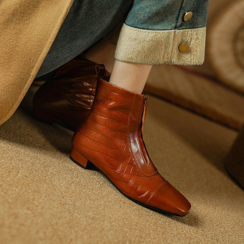 Retro Elegant Square Head Low Heel Zip Ankle Boots Women - Image 2