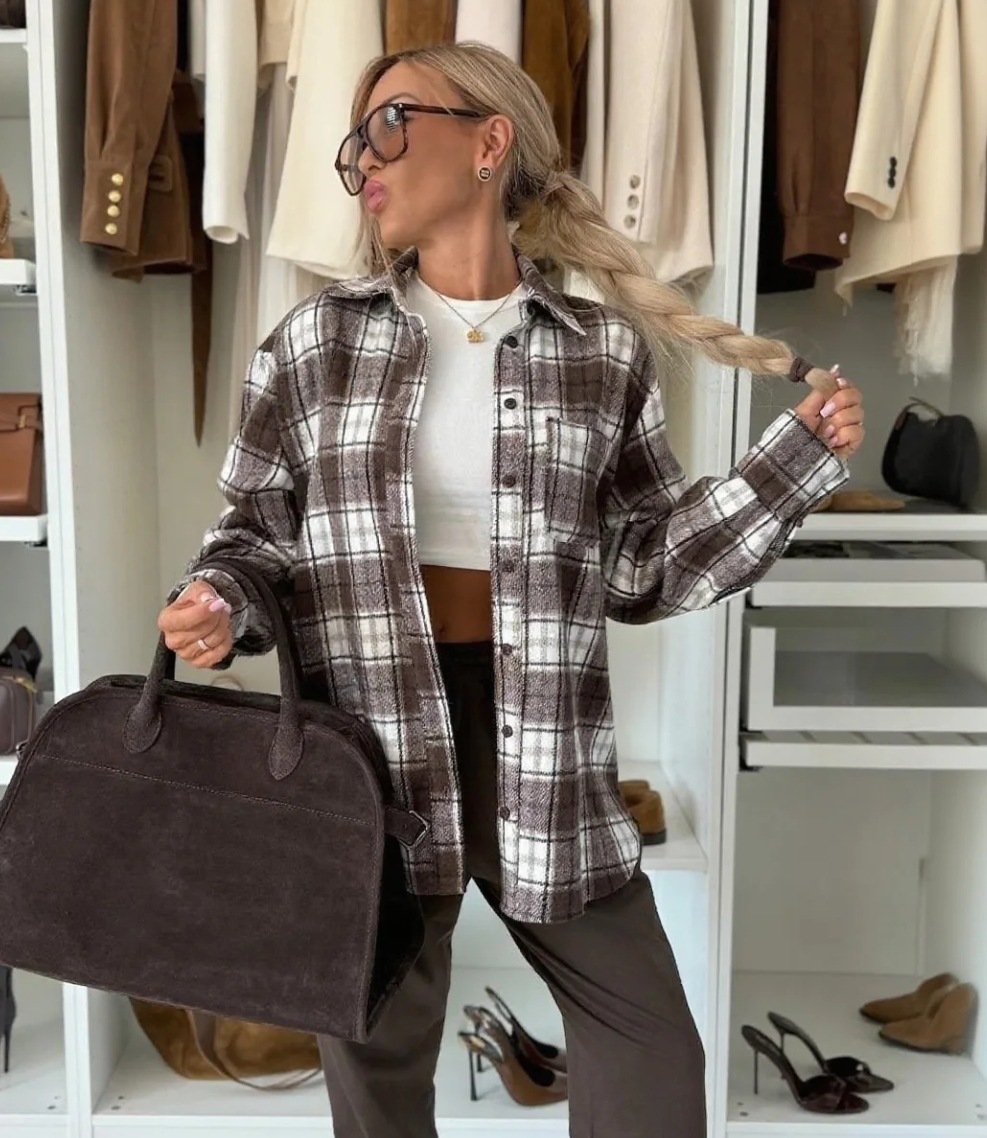Loose Long Sleeve Casual Plaid Button Shirt For Women - Image 7