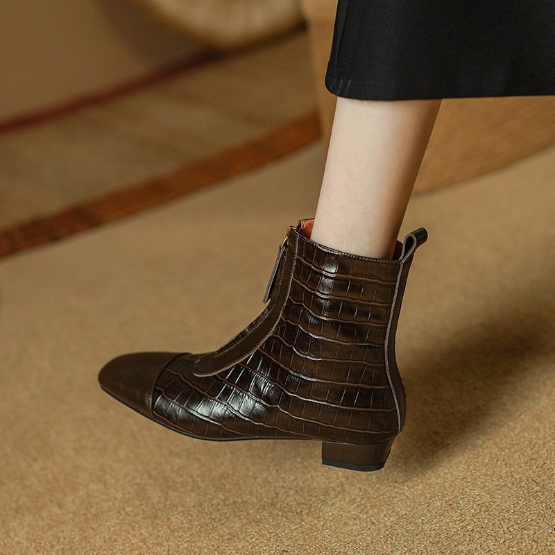 Retro Elegant Square Head Low Heel Zip Ankle Boots Women - Image 5