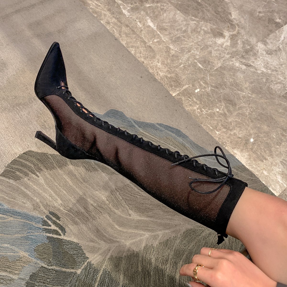 Stiletto Heels Pointy Toe Cross Strap Sandal Boots Mesh Fashion - Image 2