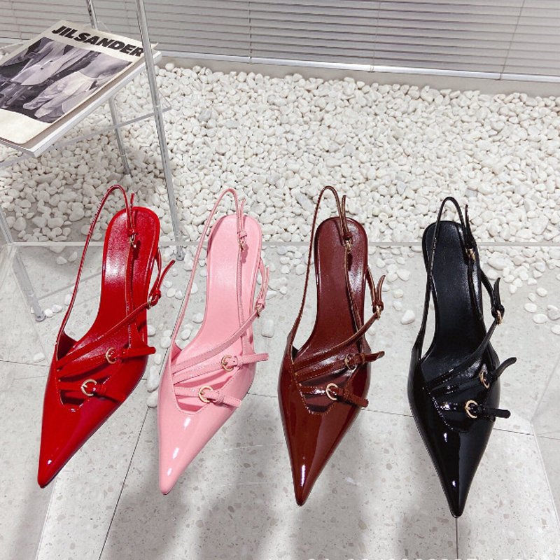 French Style Pointed Toe Kitten Heel Sandals Closed Toe Back Strap High Heels Belt Buckle - Image 5