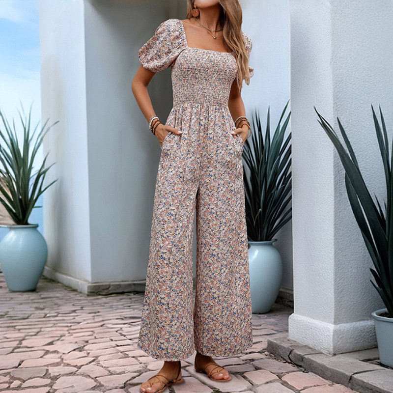 Square Collar Puff Sleeve Vacation Style Floral Jumpsuit - Image 3