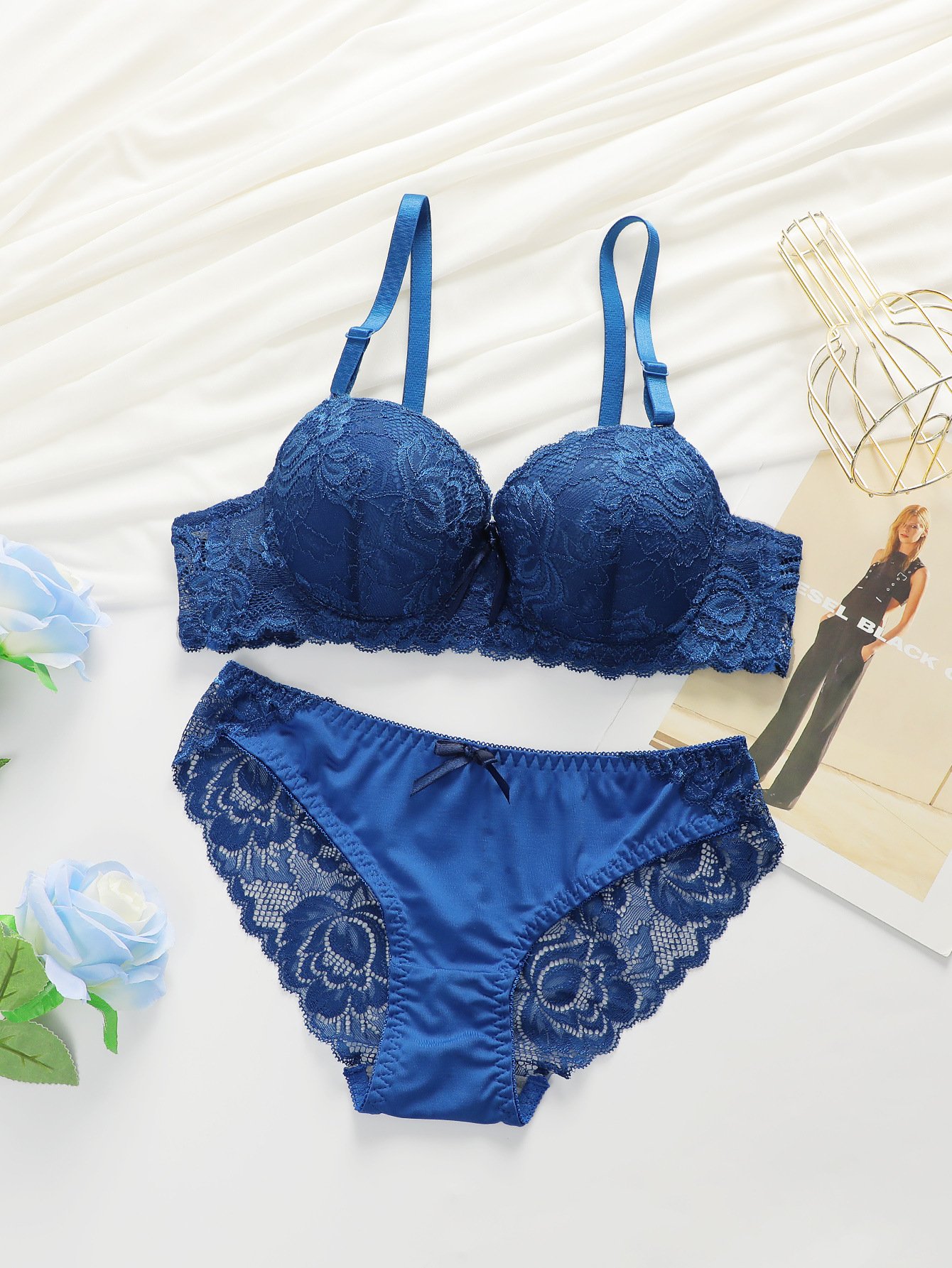 Sexy Gathered Steel Ring Lace Underwear Bra Set - Image 5