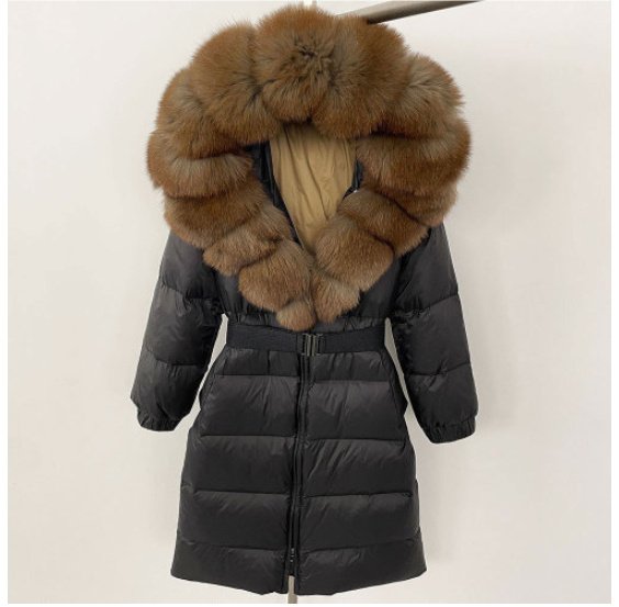 Women's Long Cinched Hoodie Real Fox Fur Collar Coat - Image 8