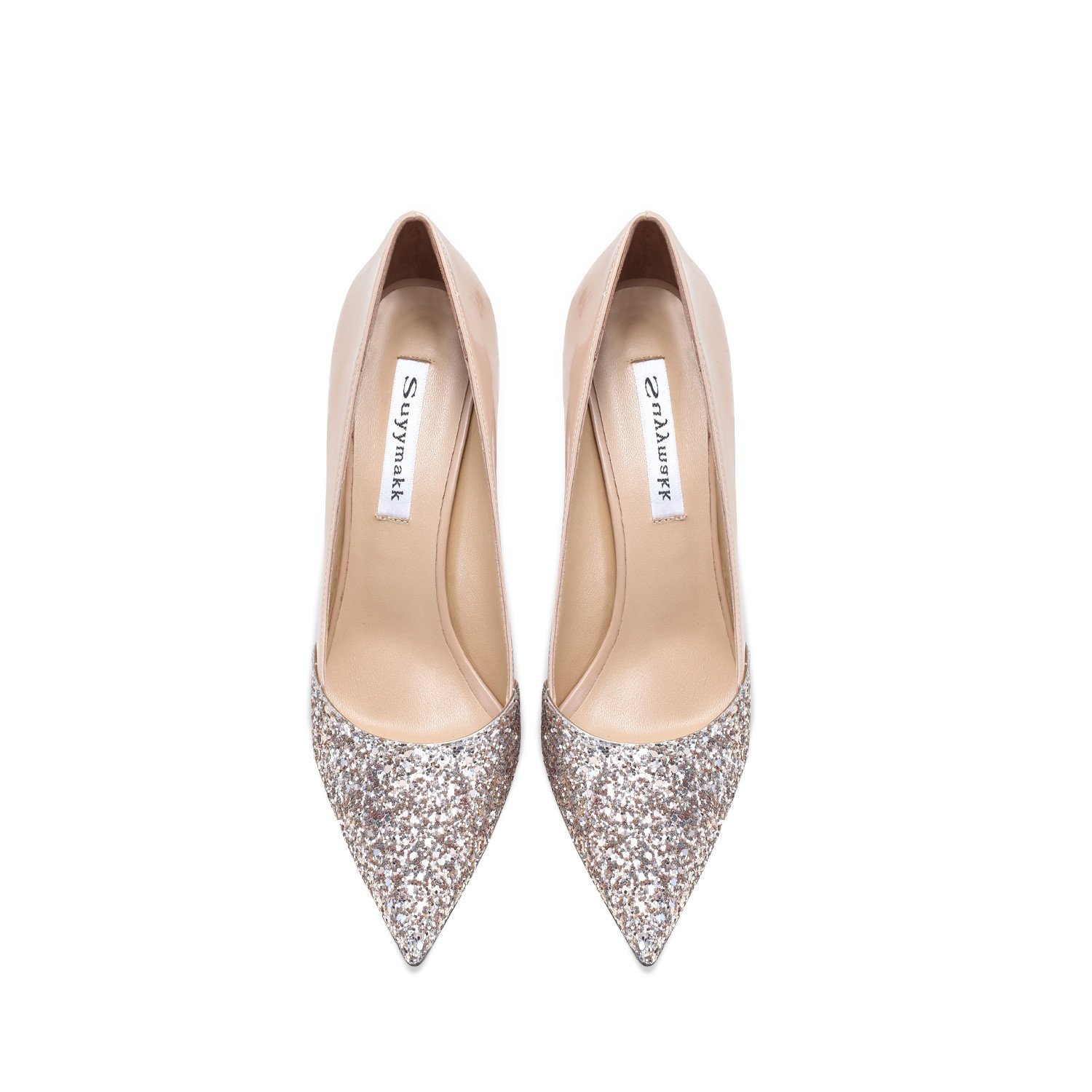 Women's Leather Stitching Gold Sequins High Heels - Image 9
