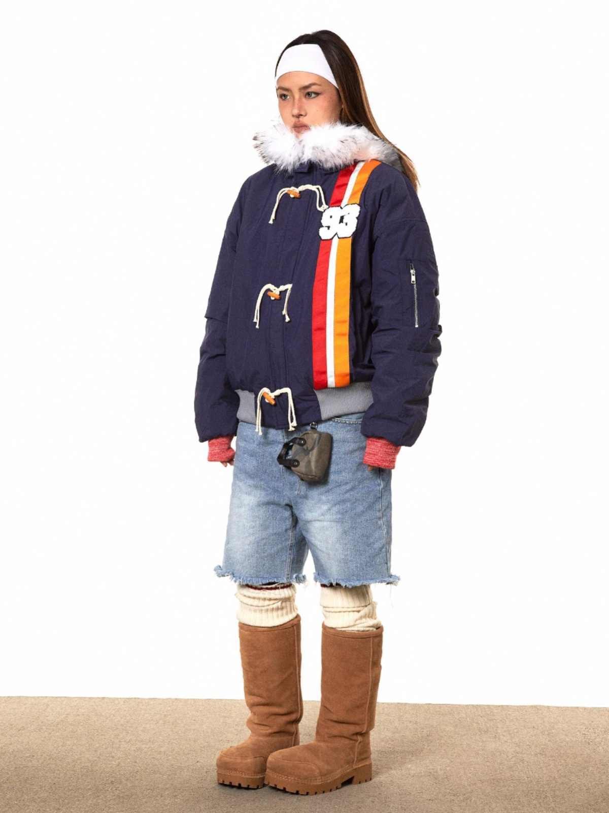 Horn Button Ribbon Short Fur Collar Cotton Coat - Image 6