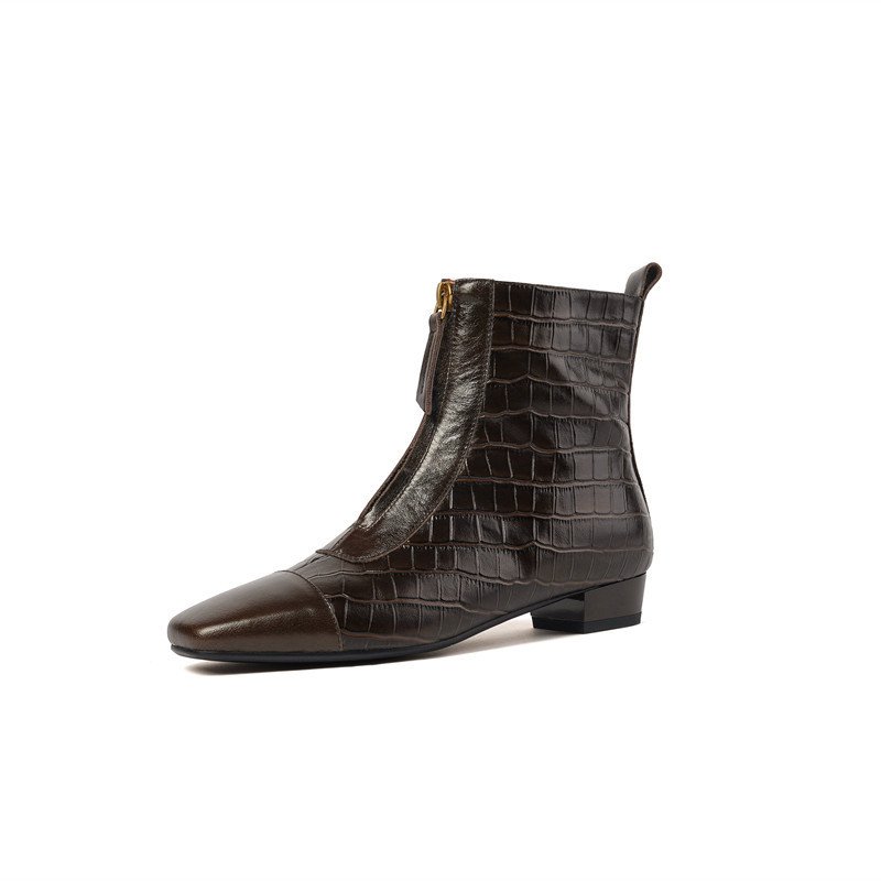 Retro Elegant Square Head Low Heel Zip Ankle Boots Women - Image 4