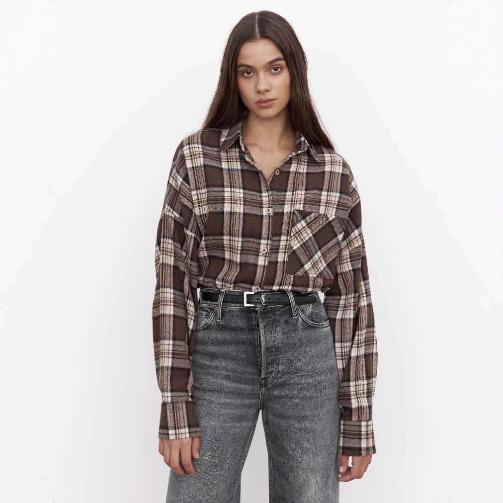 Retro Style All-match Plaid Lapel Long Sleeve Shirt - Image 3