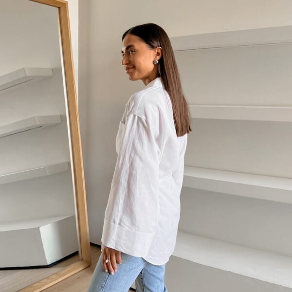 Women's Simple White Cotton And Linen Loose Lapels Shirt - Image 2