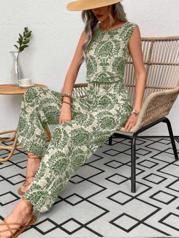 Printed Waist Cinching Casual Straight Leg Pants Set - Image 3