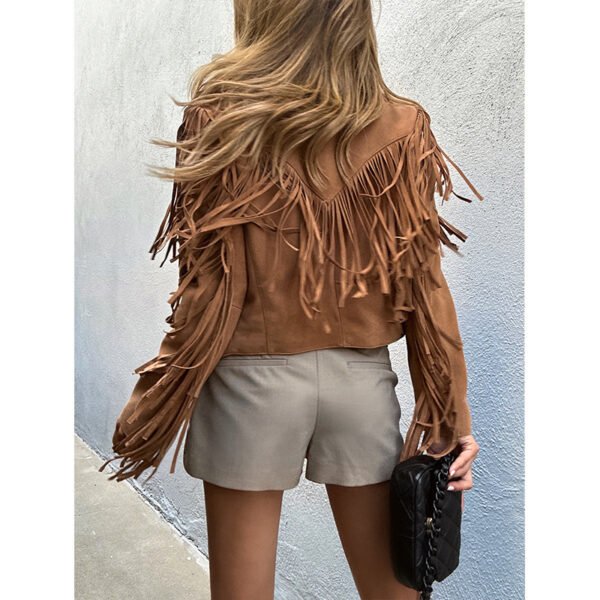 Genuine Leather Sheepskin Suede Lapel Tassel Motorcycle Short Jacket - Image 2