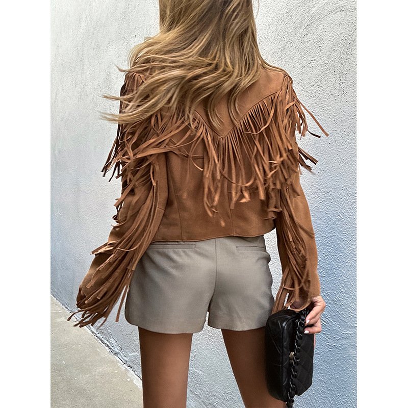 Genuine Leather Sheepskin Suede Lapel Tassel Motorcycle Short Jacket - Image 2