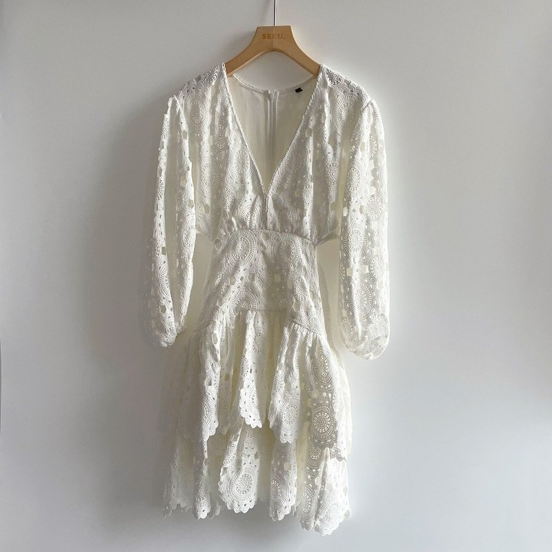 Hollow Embroidered Lace V-Neck Women's Dress - Image 3