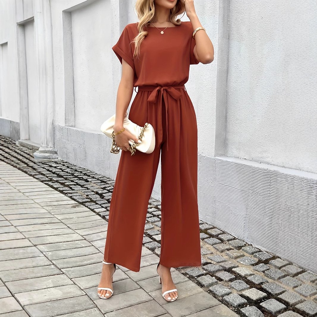 Women's Fashion Solid Color With Belt Round Neck Jumpsuit - Image 4