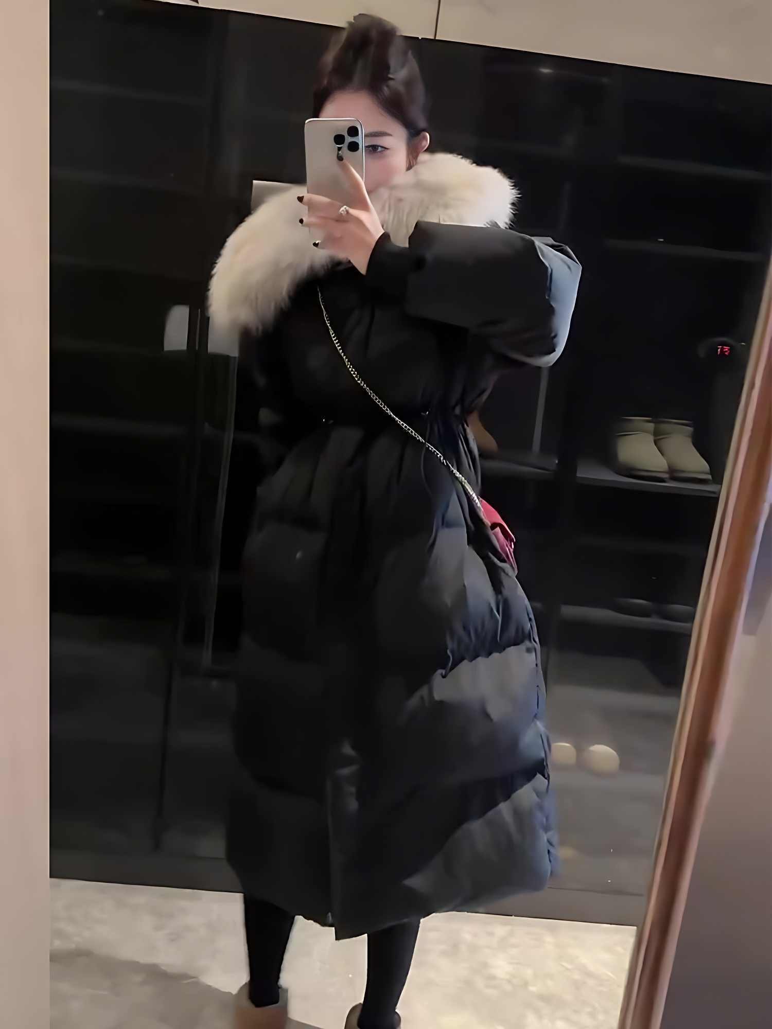 Fur Collar Overknee Long Jacket Women's Waist White Duck Down Coat - Image 2