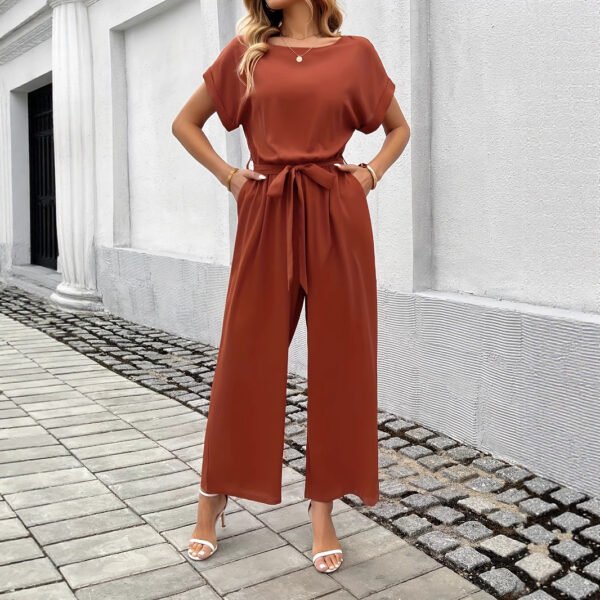 Women's Fashion Solid Color With Belt Round Neck Jumpsuit - Image 3