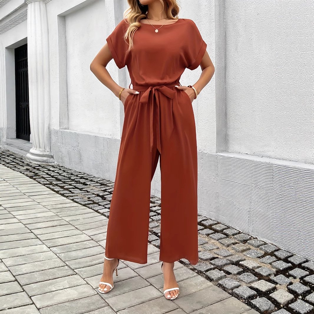 Women's Fashion Solid Color With Belt Round Neck Jumpsuit - Image 3