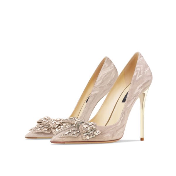 Genuine Leather Rhinestone Silver Bow High Heels - Image 4