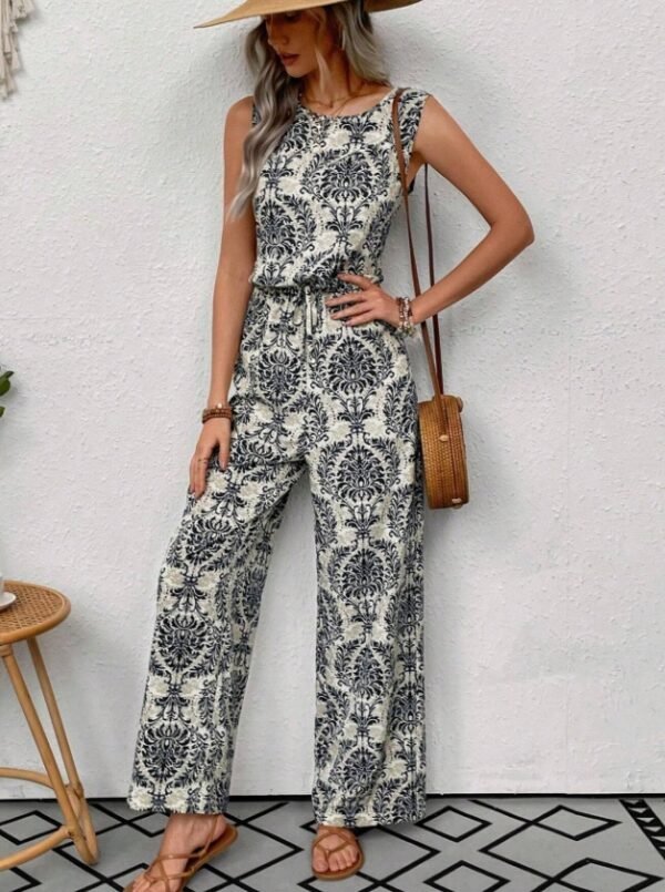 Printed Waist Cinching Casual Straight Leg Pants Set - Image 5
