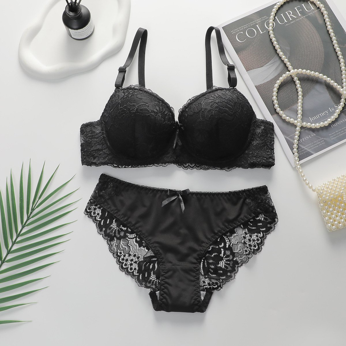 Sexy Gathered Steel Ring Lace Underwear Bra Set - Image 3