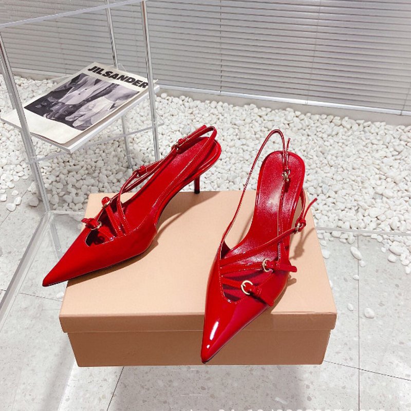 French Style Pointed Toe Kitten Heel Sandals Closed Toe Back Strap High Heels Belt Buckle - Image 2