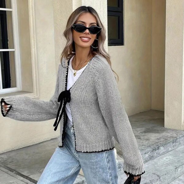 Long Sleeve Bowknot Lace-up Cardigan Coat Top - Image 2