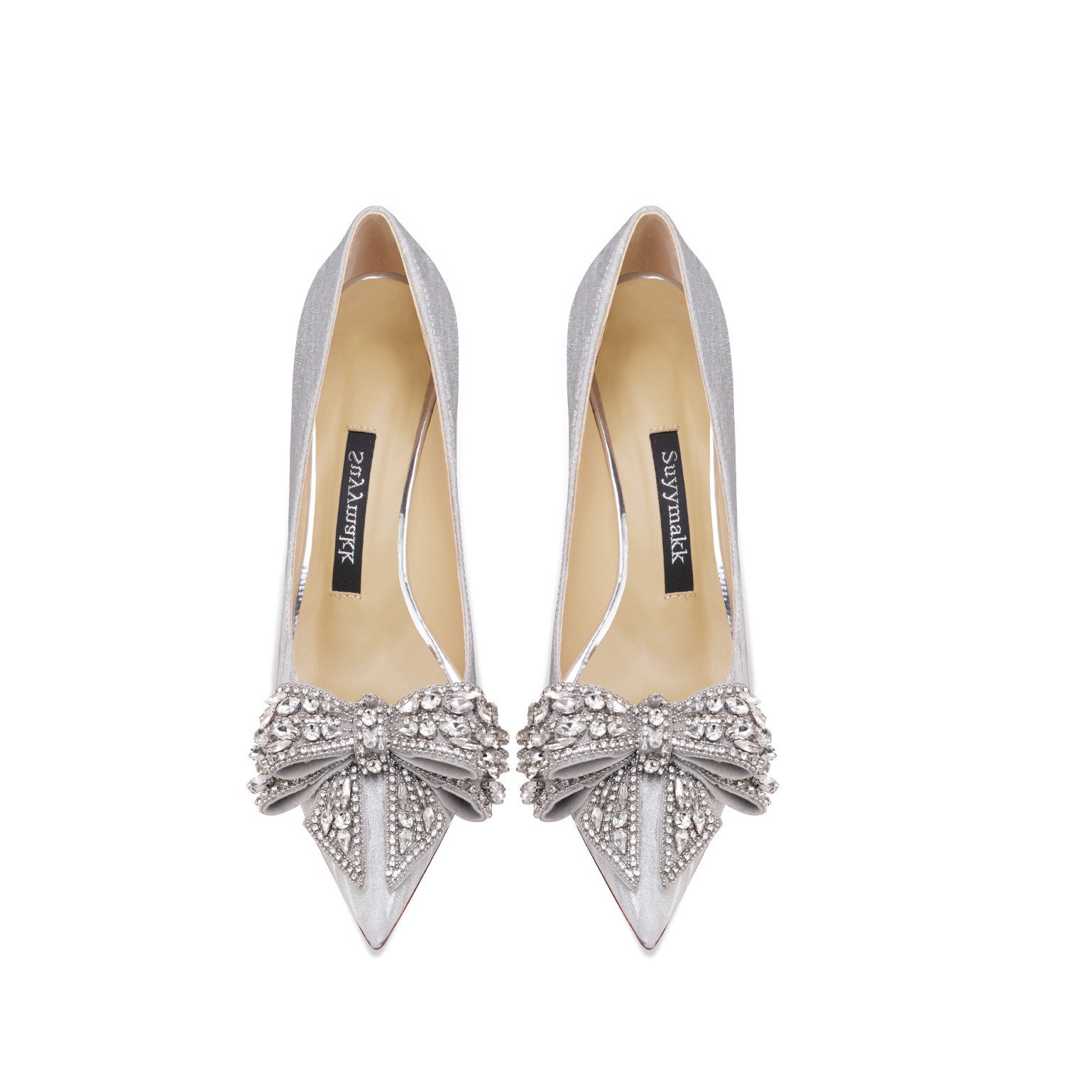 Genuine Leather Rhinestone Silver Bow High Heels - Image 6