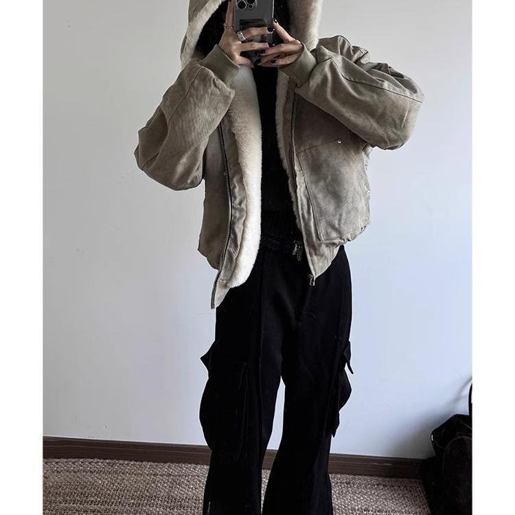 Artificial Mink Hair Marble Mountain Carving Hooded Cotton Jacket - Image 5