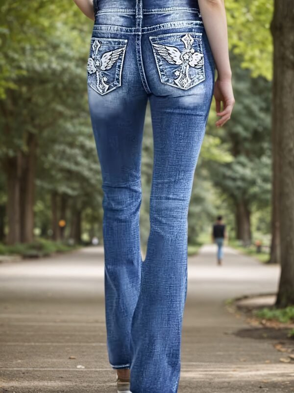 Women's Versatile And Fashionable Stretch Denim Bell Bottoms, Retro Street Style, Comfortable Embroidered Casual Jeans, Suitable For Daily Wear - Image 5