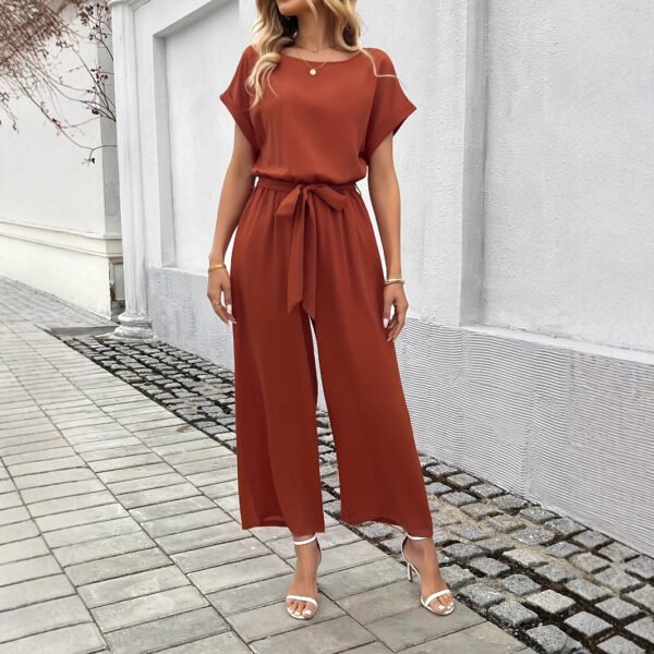 Women's Fashion Solid Color With Belt Round Neck Jumpsuit - Image 5