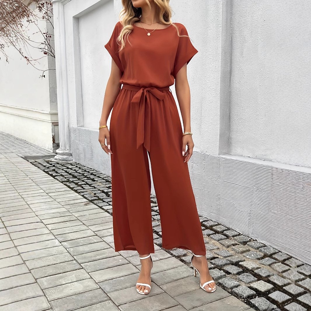 Women's Fashion Solid Color With Belt Round Neck Jumpsuit - Image 5