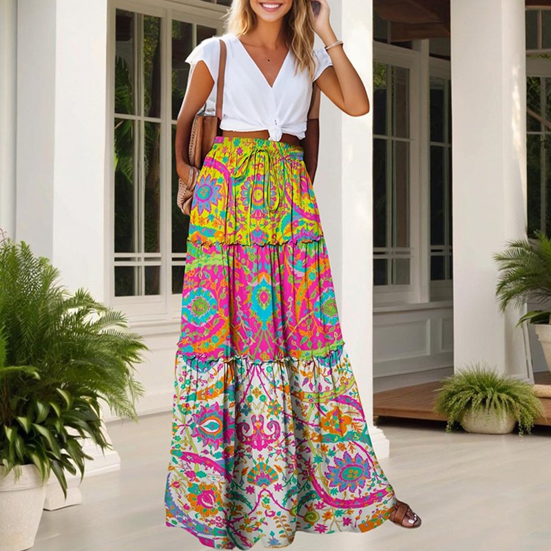 Women's Color Block Floral Print Skirt - Image 5