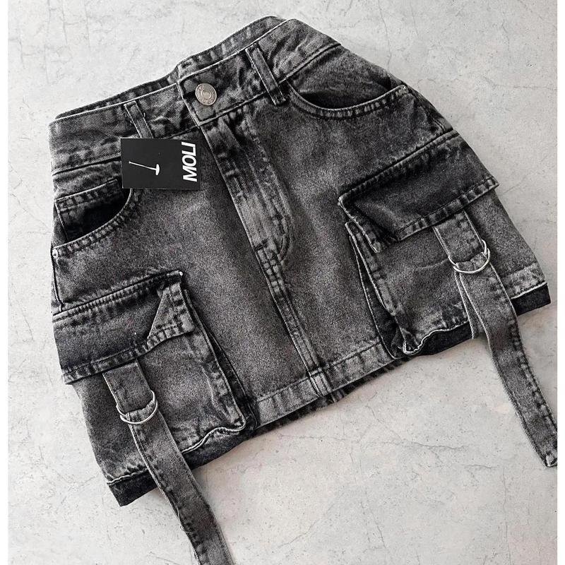 Multiple Pockets Denim Plaid Skirt Vintage Goth Black Y2k - Image 8