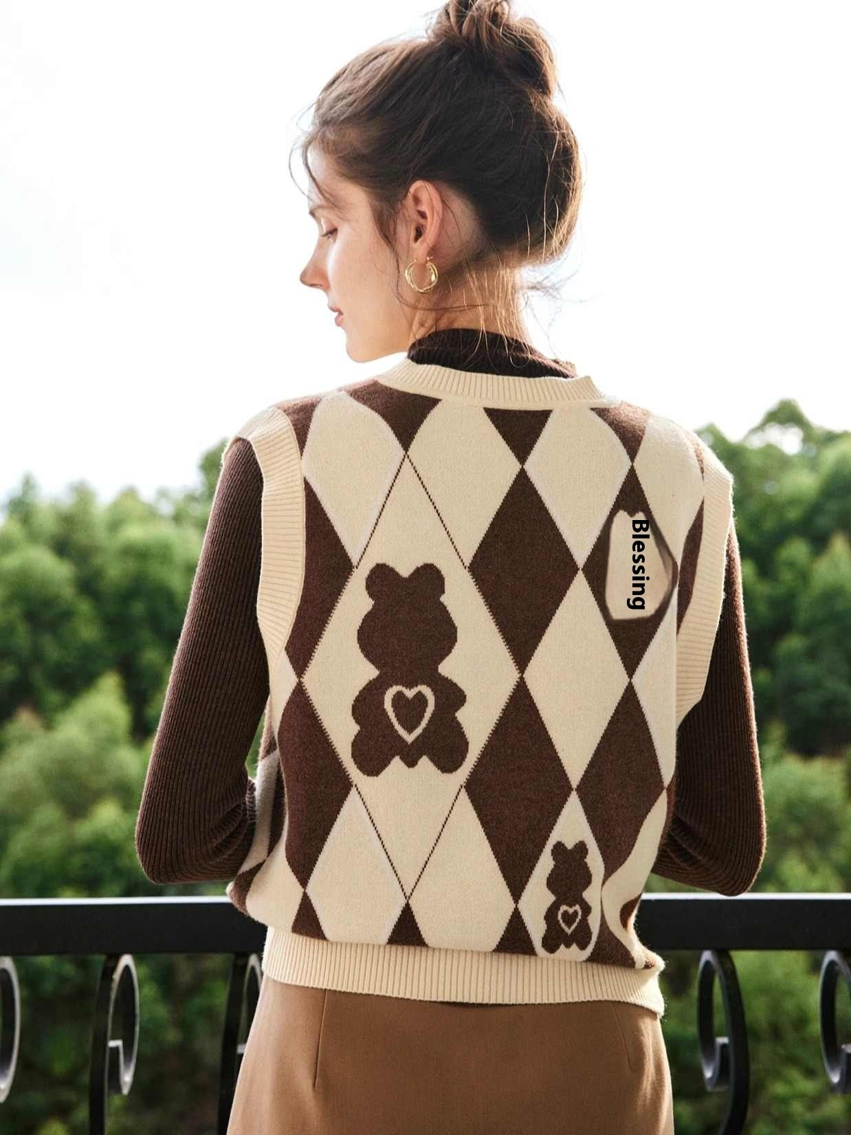 Knitted Vest Women's Rhombus V-neck Bandage Dress Sweater - Image 4