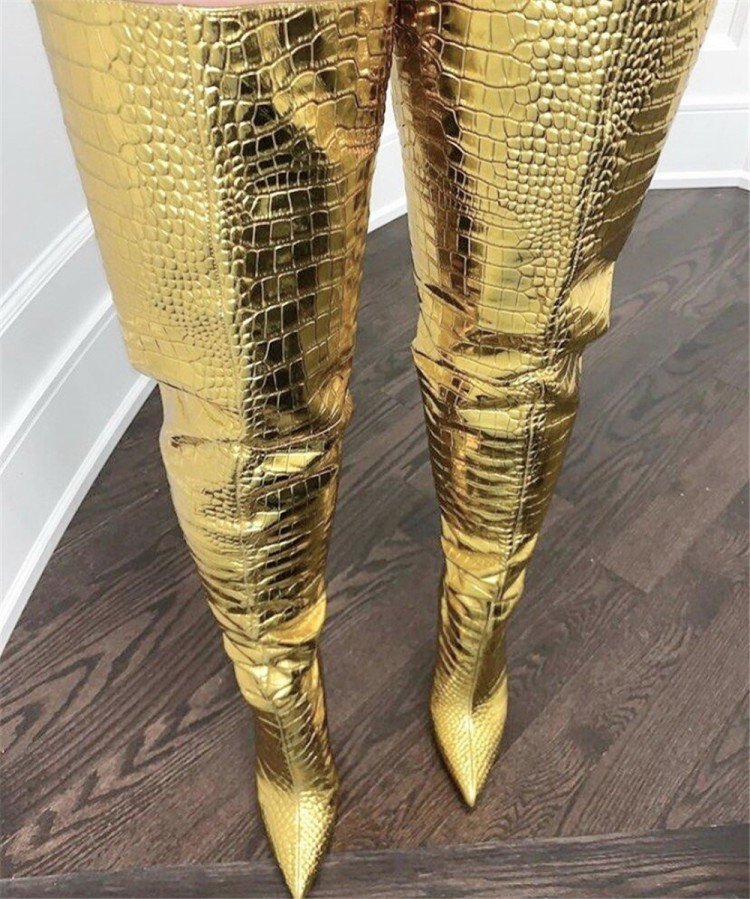 Fashion Gold Over The Knee Back Zipper High Heels - Image 2