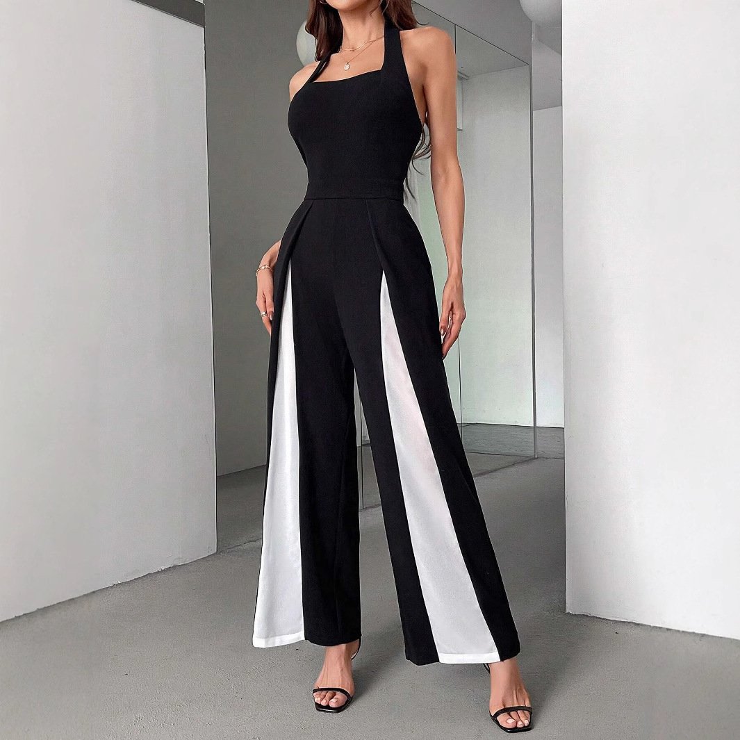 Black And White Color Matching Straight Halter Jumpsuit - Image 5