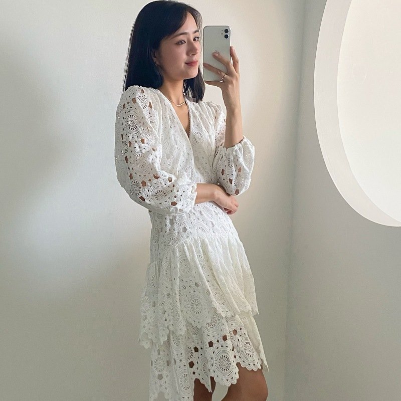 Hollow Embroidered Lace V-Neck Women's Dress